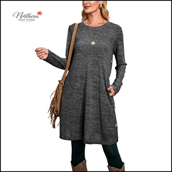 Long Sleeve Casual Dress with Pockets and Side Buttons - Picture 2 of 7